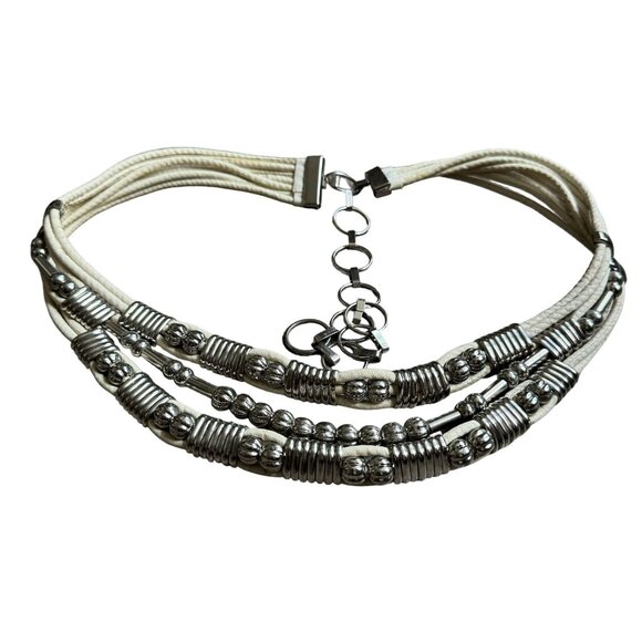 Vintage Multi Strand White Leather Silver Bead Womens Belt 80s Bohemian Fairy - Picture 1 of 8